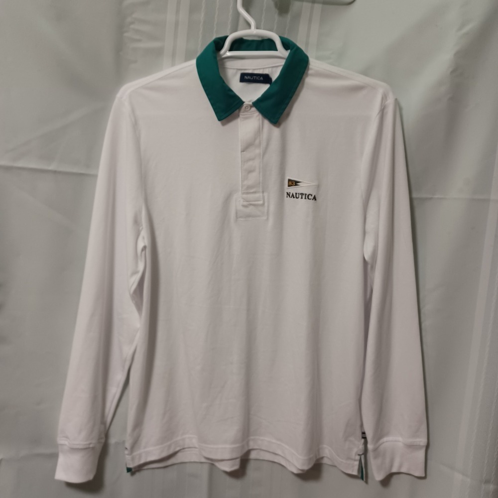 Nautica Mens Long Sleeve Polo Shirt White Green Collar Graphic Back Size Large